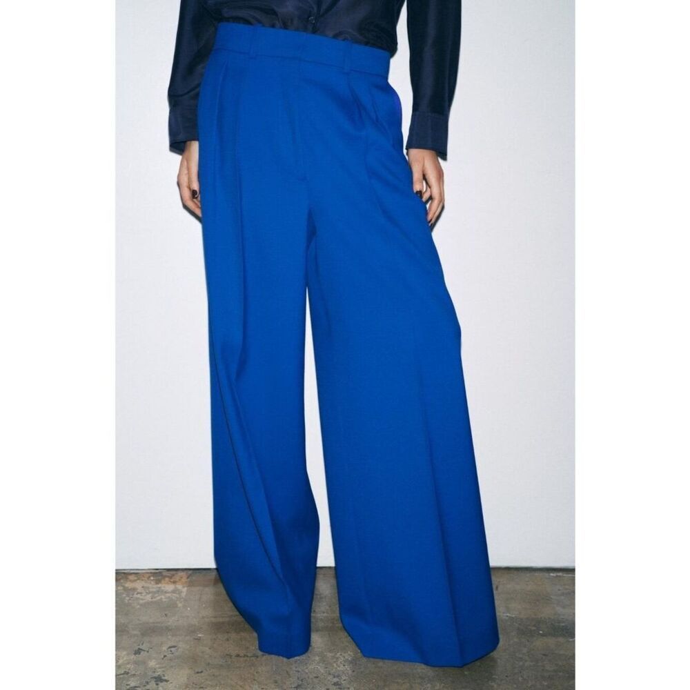 Zara Womens Wide Leg Trousers Pants Size XS Blue Front Pleated 2387/677 NWT